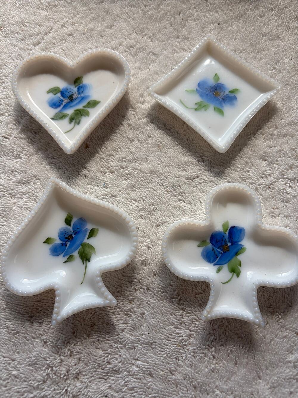 Milkglass Trinket Tray Set, Game Card Suits, Card Icon Ashtrays, Blue Flowers